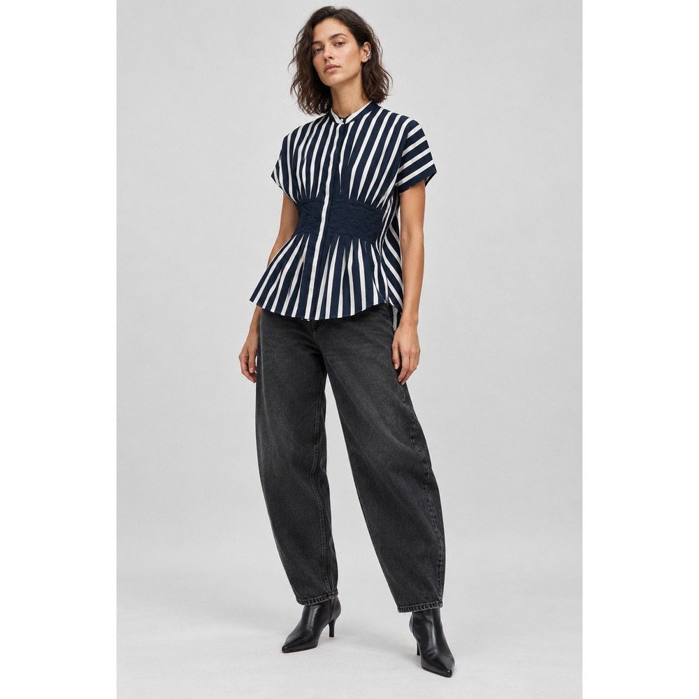 COS Striped Short Sleeve Blouse Navy White Cinched Waist Modern Sz S estimated)
